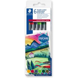 Staedtler double fiber pen, water-soluble, for watercolor effects, two line widths, fine tip and wide brush tip, cardboard case 