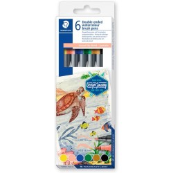Staedtler double fiber pen, water-soluble, for watercolor effects, two line widths, fine tip and wide brush tip, cardboard case 