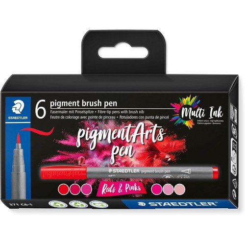 Staedtler Brush pen Pigment Arts, Reds and Pinks, pigmented premium drawing ink, brush tip for variable line width, waterproof, 