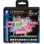 Staedtler Brush pen Pigment Arts, pastel, premium drawing ink, brush tip for variable line width, waterproof, 12 brush pens in a