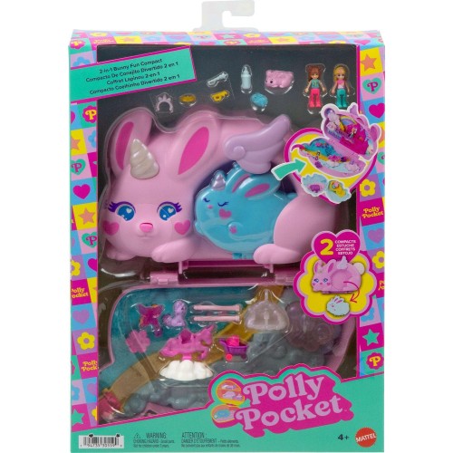 Mattel Polly Pocket 2-in-1 Bunny Fun Compact, Wearable Purse Playset With 2 Dolls & 12 Accessories Including Pets GKJ63 / JFT88 