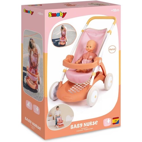 Smoby Καρότσι Κούκλας Baby Nurse Pushchair, Για Κούκλες Έως 42 Cm, Ύψος Λαβής 58 Cm, Τσάντα Και Καλάθι Αποθήκευσης, Από 18 Μηνών
