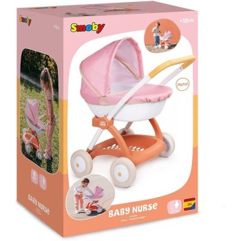 Smoby - Baby Nurse doll pram for dolls up to 42 cm Doll not included - Removable basket, metal frame, canopy made of robust text