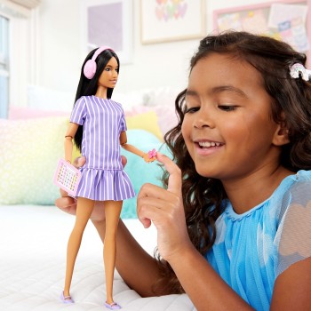 Mattel Barbie Fashionistas Doll 245 in Purple Striped Dress, Autistic Barbie With Accessories JJN58 194735340316