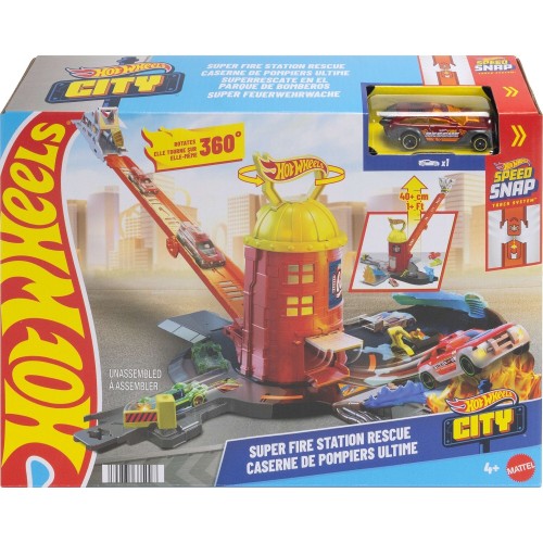 Mattel Hot Wheels City Super Fire Station Rescue Playset & 1:64 Scale Toy Car, Track Extends 16” JHL95 194735335008