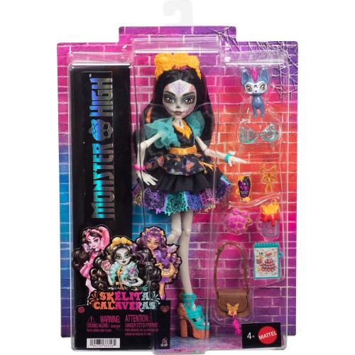 Mattel Monster High Skelita Calaveras Fashion Doll in Ruffled Dress With Pet Candelita and 7 Accessories JHK34 194735333561