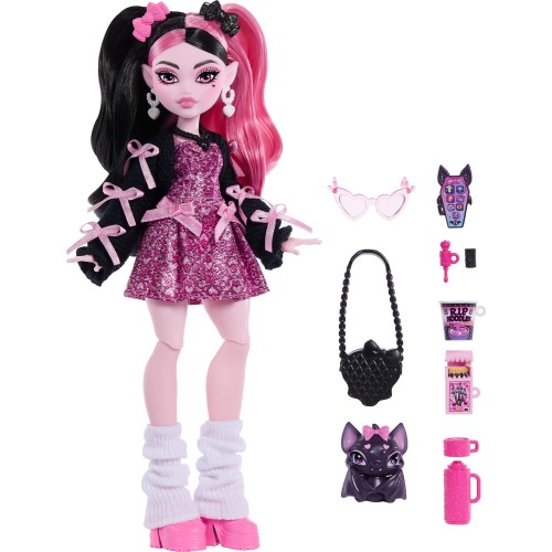 Mattel Monster High Draculaura Fashion Doll in Bow Dress With Pet Bat Count Fabulous and 7 Accessories JHK29 194735333721