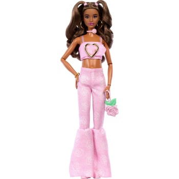 Mattel Barbie Deluxe Style Fashion Doll 12 in Pink Denim Crop Top and Flare Jeans, Brunette JJN72 194735340217