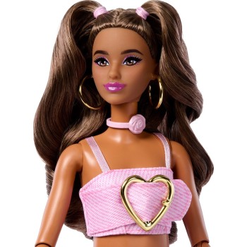 Mattel Barbie Deluxe Style Fashion Doll 12 in Pink Denim Crop Top and Flare Jeans, Brunette JJN72 194735340217