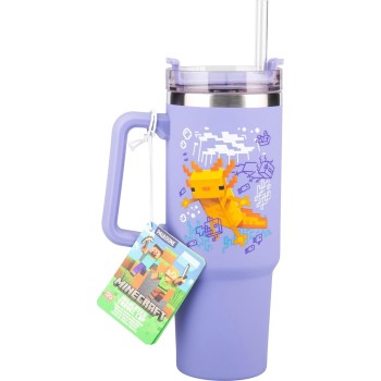 Paladone minecraft axolotl 900 ml purple insulated cup and straw, officially license PP14948MCF 5056577760699