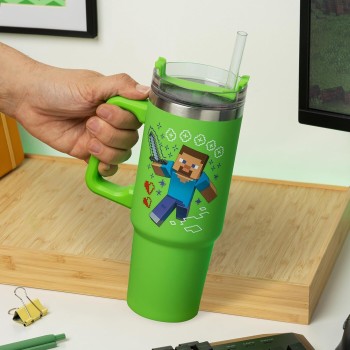 Paladone minecraft steve and creeper 30 oz green insulated cup and straw, officially PP14600MCF 5056577755756
