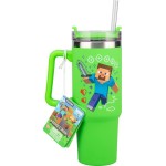 Paladone minecraft steve and creeper 30 oz green insulated cup and straw, officially PP14600MCF 5056577755756