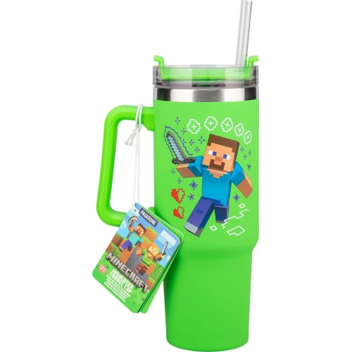 Paladone minecraft steve and creeper 30 oz green insulated cup and straw, officially PP14600MCF 5056577755756