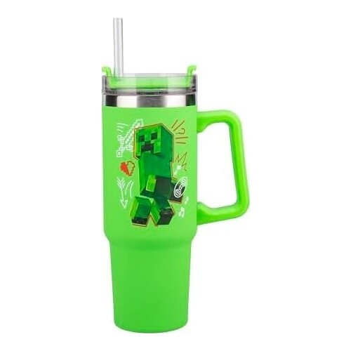 Paladone minecraft steve and creeper 30 oz green insulated cup and straw, officially PP14600MCF 5056577755756