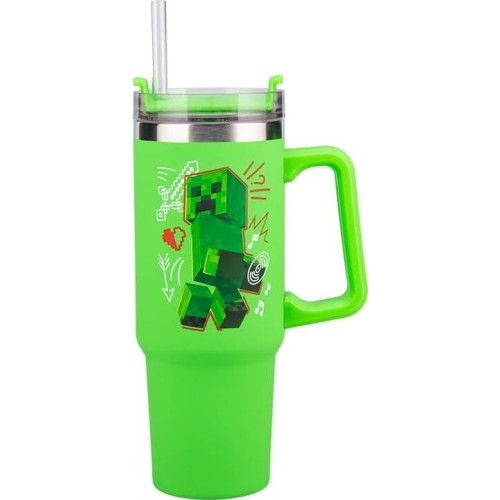 Paladone minecraft steve and creeper 30 oz green insulated cup and straw, officially PP14600MCF 5056577755756