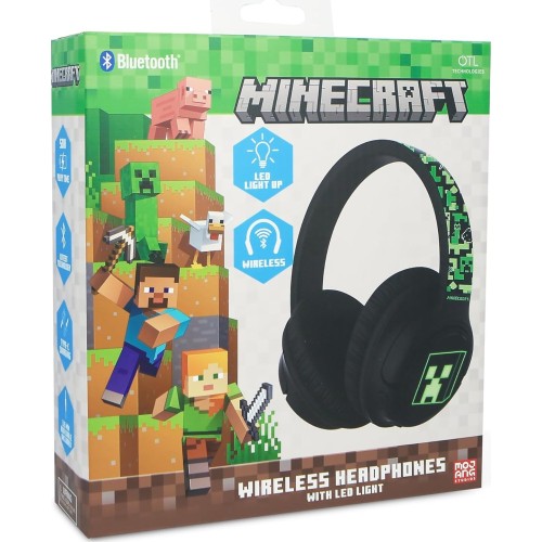 otl technologies otl  mc1241 minecraft wireless headphones with led light up feature - black  5055371629089