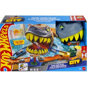 Mattel Hot Wheels City Shark Chomp Beach Playset & 1:64 Scale Die-cast Toy Car, Big Win Moment JHL96 194735335015