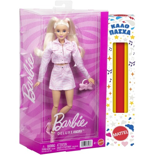Mattel Barbie Deluxe Style Fashion Doll 9 in Matching Pink Denim Jacket & Skirt Set, Blonde JJN69 