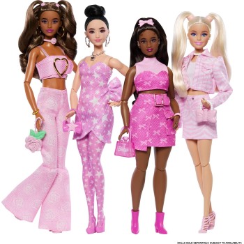 Mattel Barbie Deluxe Style Fashion Doll 9 in Matching Pink Denim Jacket & Skirt Set, Blonde JJN69 