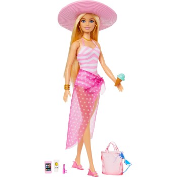 Mattel Blonde Barbie Doll With Swimsuit and Beach-themed Accessories HPL73 