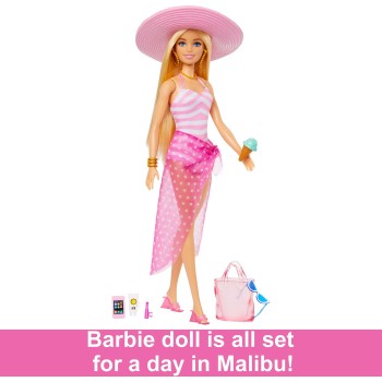 Mattel Blonde Barbie Doll With Swimsuit and Beach-themed Accessories HPL73 