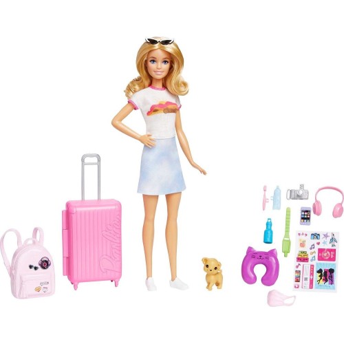 Mattel Barbie Doll and Accessories, 'malibu' Travel Set With Puppy and 10+ Pieces Including Working Suitcase HJY18 