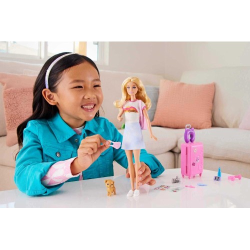 Mattel Barbie Doll and Accessories, 'malibu' Travel Set With Puppy and 10+ Pieces Including Working Suitcase HJY18 