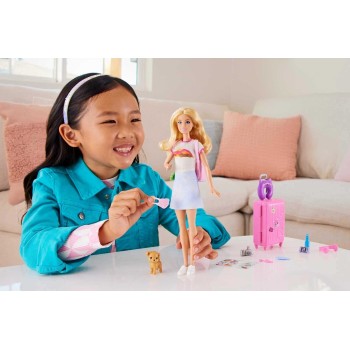 Mattel Barbie Doll and Accessories, 'malibu' Travel Set With Puppy and 10+ Pieces Including Working Suitcase HJY18 