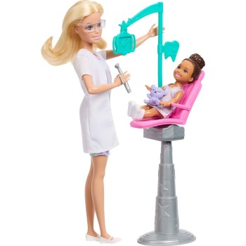 Mattel Barbie Careers Dentist Playset With Blonde Fashion Doll, Small Doll, Examination Chair & Accessories JCR71 / JMK14 