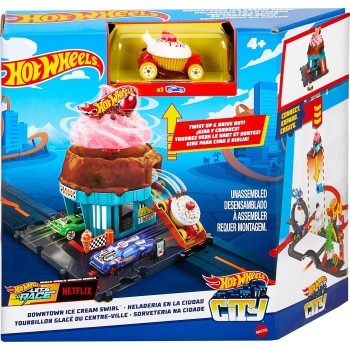 Mattel Hot Wheels City Downtown Ice Cream Swirl Playset From the Series “let’s Race” With 1 Toy Car HDR24 / HTN77 