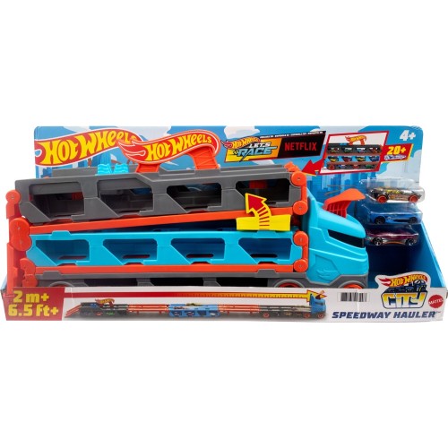 Mattel Hot Wheels Speedway Hauler Carrier With 3 Toy Cars GVG37 