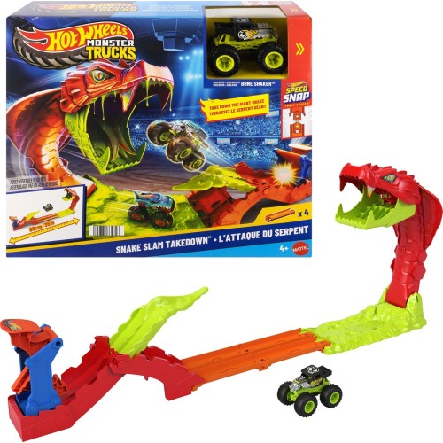 Mattel Hot Wheels Monster Trucks Snake Slam Takedown Playset With 1:64 Scale Bone Shaker Toy Vehicle JJN44 