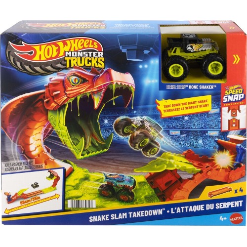 Mattel Hot Wheels Monster Trucks Snake Slam Takedown Playset With 1:64 Scale Bone Shaker Toy Vehicle JJN44 