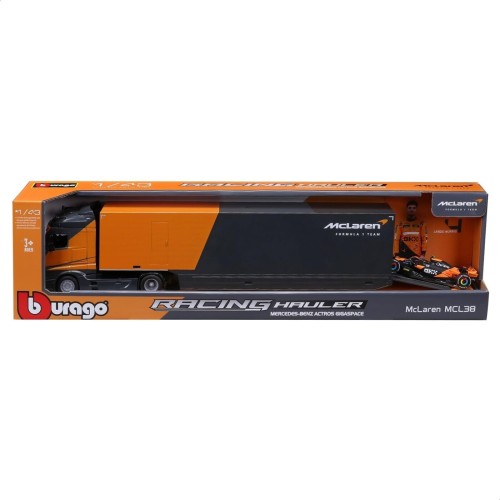 Bburago mercedes semi truck with mclaren mcl38 2024 4 noris, 1:43 scale diecast se 18/38401 4893993384013