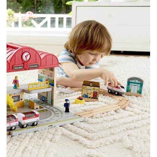 Hape Railway Ξύλινος Σιδηρόδρομος Train Station Set E3877K 6943478050723