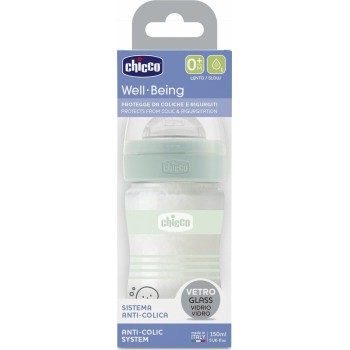 Chicco Glass Bottle Well Being Against Colic With Silicone Nipple 150ml for 0+ Months A50-28711-31 8058664166275