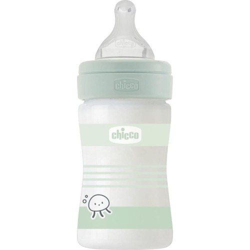 Chicco γυάλινο μπιμπερό well being κατά των κολικών με θηλή σιλικόνης πράσινο 150ml για 0+ μηνών A50-28711-31 8058664166275