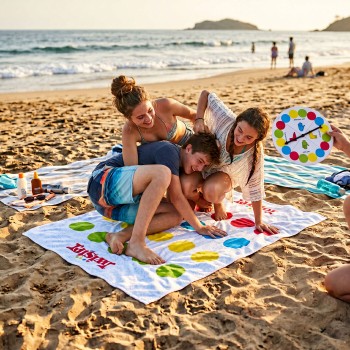 Real Fun Toys Beach Towel Twister Classic Table in Towel Backpack 6+ Years, 2 Players 01.RE-A-000069 5407008054595