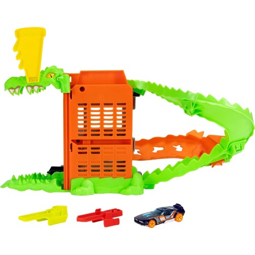Mattel Hot Wheels City Croc Pizza Attack Playset & 1:64 Scale Toy Car, Speed Snap Track Compatible HDR29 / JHL93 194735334957