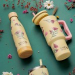 nava Thermo Tumbler Stainless Steel With Plastic Straw "We Care", Cream Floral 900ml 10-016-174 5205746016598