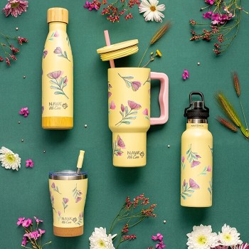 nava Thermo Tumbler Stainless Steel With Plastic Straw "We Care", Cream Floral 900ml 10-016-174 5205746016598