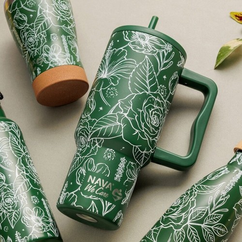 nava Thermo Tumbler Stainless Steel With Plastic Straw "We Care", Sketch Floral 900ml 10-016-204 5205746016680