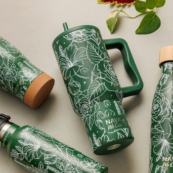 nava Θερμός Tumbler Ανοξείδωτο με Πλαστικό Καλαμάκι "We Care", Sketch Floral 900ml 10-016-204 5205746016680
