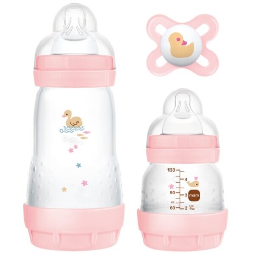 MAM Starter Set 2 Bottles & 1 Pacifier Ideal For Newborns 0+ Months Pink 655G 9001616833267