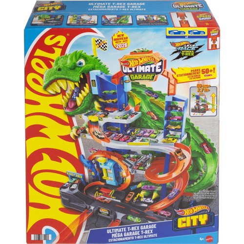 Mattel Hot Wheels City Ultimate T-rex Garage With 2 Toy Cars & Storage for 50+, Race & Stunt, Dino Nemesis JHL98 194735334995