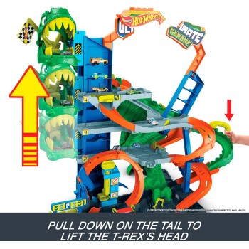 Mattel Hot Wheels City Ultimate T-rex Garage With 2 Toy Cars & Storage for 50+, Race & Stunt, Dino Nemesis JHL98 194735334995