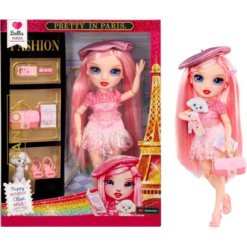 MGA Entertainment Rainbow High Pretty in Paris Fashion - Bella Parker pink, Rainbow 11 Fashion Doll With Outfit, Stylish Handbag