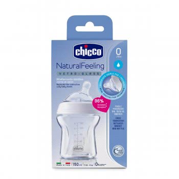 Chicco Natural Feeling Bottle Glass 150Ml, Silicon Nipple Regural Flow, 0M+ A50-80611-00 8058664074167