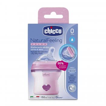 Chicco Natural Feeling Bottle Plastic 150Ml, Silicon Nipple Regural Flow, 0M+, Pink 80811-11 8058664080724