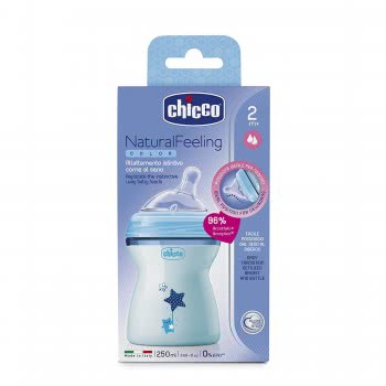 Chicco Μπιμπερό Πλαστικό Natural Feeling 250Ml, Θήλη Σιλικόνης Μέτριας Ροής, 2Μ+, Σιελ A60-80825-21 8058664085019